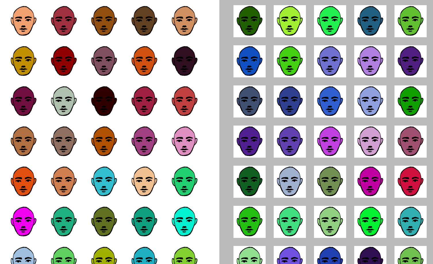 a webpage with sets of different colored faces on the left and right - the faces on the left have colors more like skin tones, and the ones on the right are purples, blues, and greens