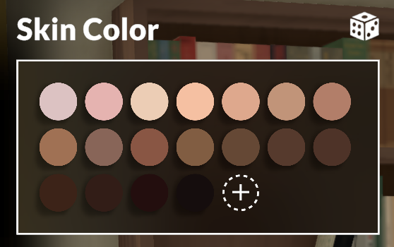 a skin color picker with 18 choices and an extra spot for bringing up a generic color picker